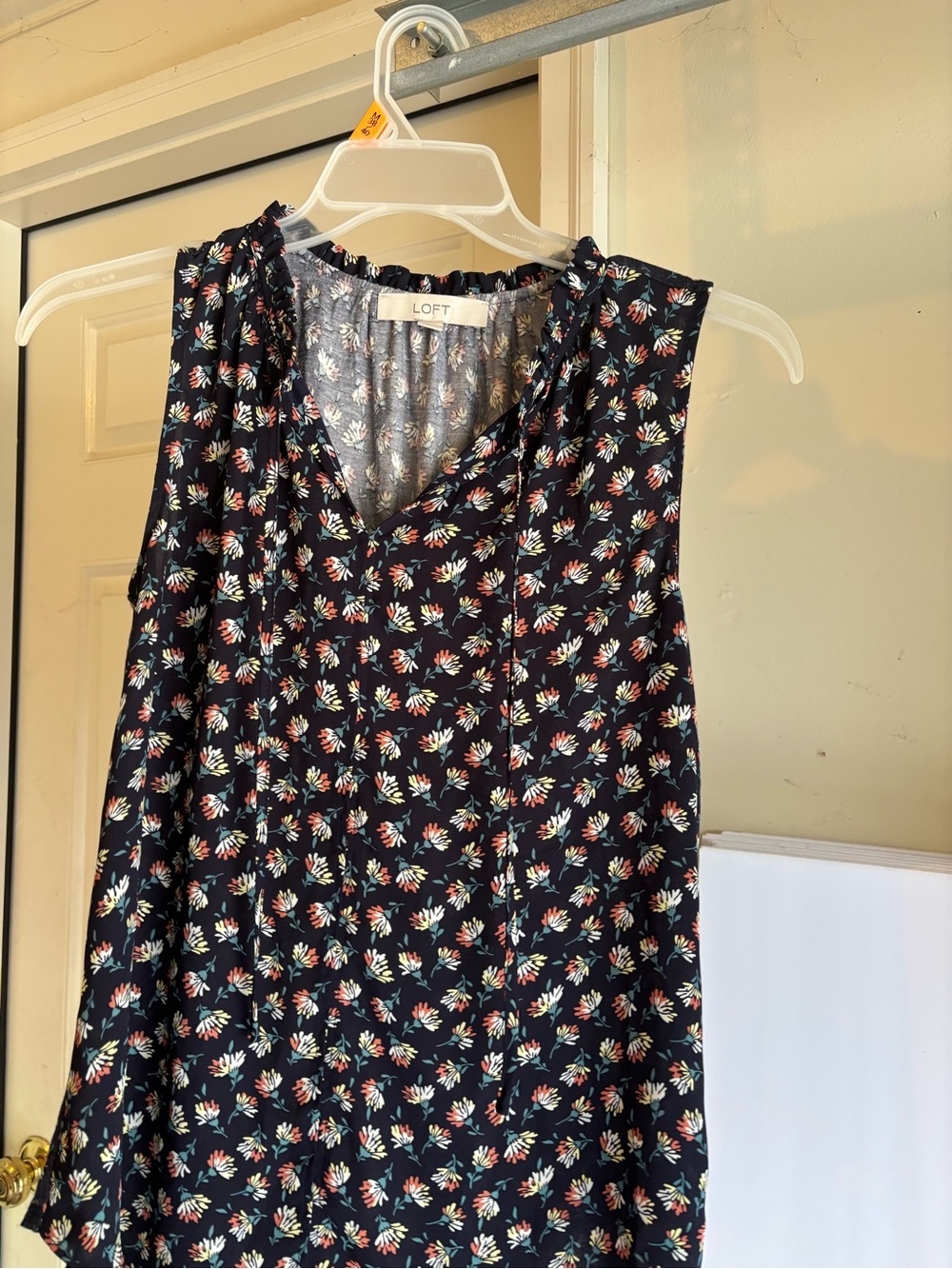 LOFT Navy Floral Ruffle-Trim Sleeveless Top